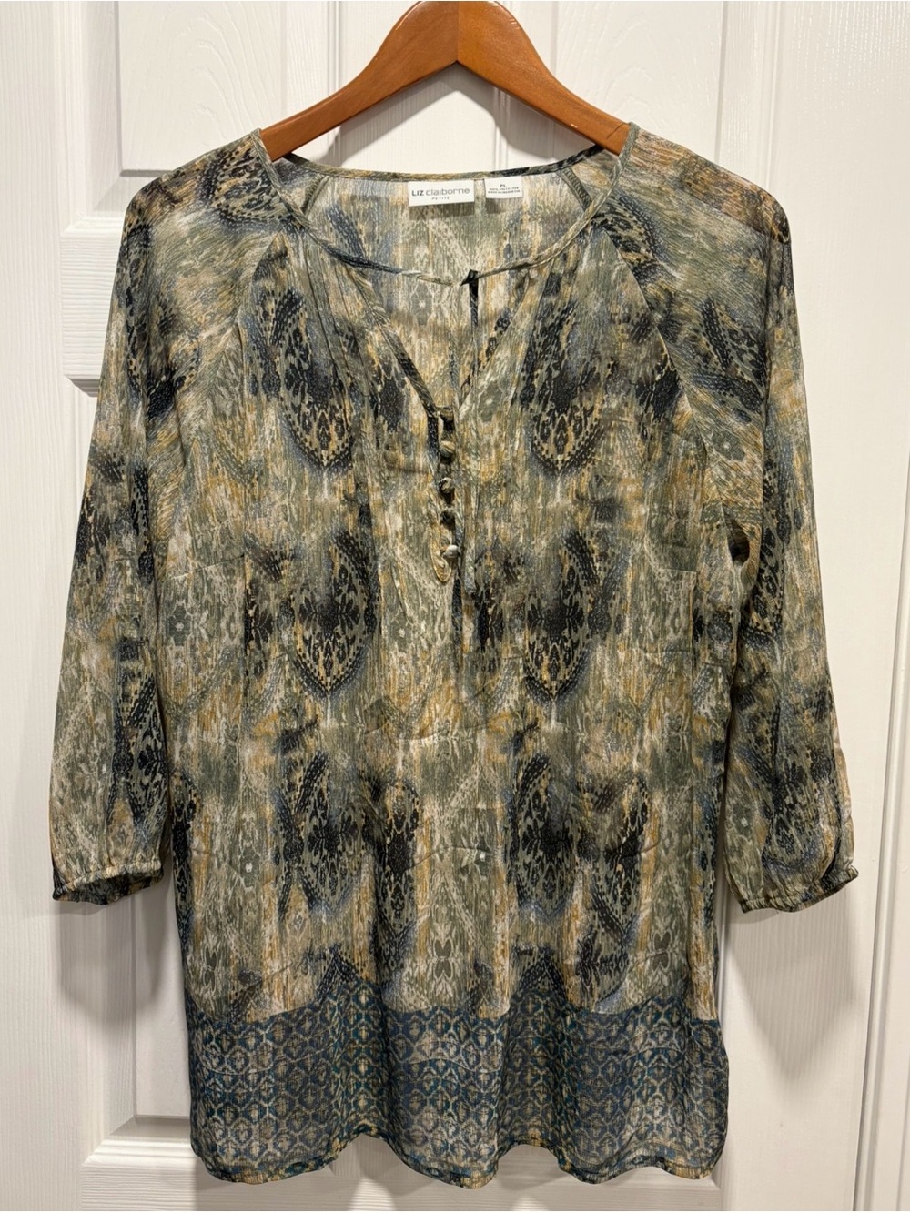 Liz Claiborne Olive, Teal and Black Printed V-Neck Tunic